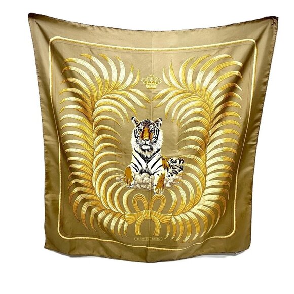 HERMES Carre90 TIGER ROYAL king tiger Scarf silk Beige - Picture 1 of 16